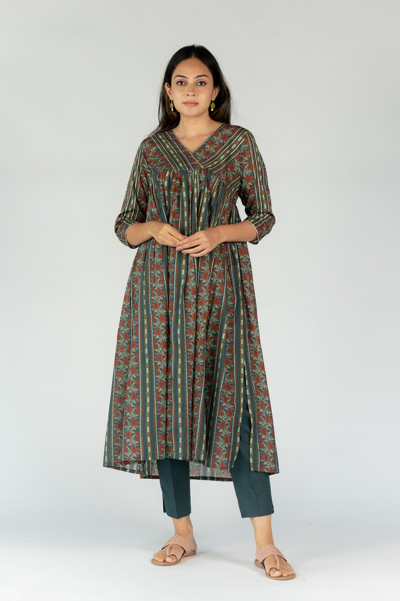 Cotton Embellished V Neck Dress With Gota Lace And Mirror Work - Bottle Green