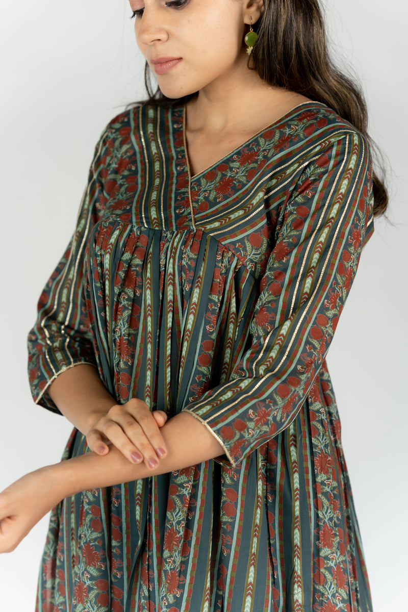 Cotton Embellished V Neck Dress With Gota Lace And Mirror Work - Bottle Green