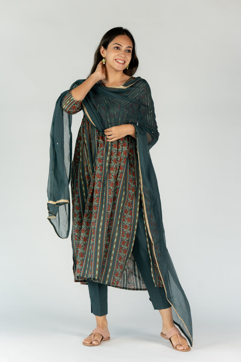 Cotton Embellished V Neck Dress With Gota Lace And Mirror Work - Bottle Green