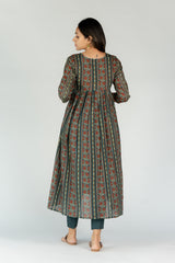 Cotton Embellished V Neck Dress With Gota Lace And Mirror Work - Bottle Green