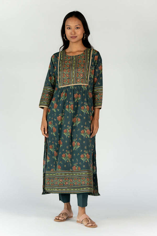 Cotton Embellished Round Neck Kurta With Gota Lace And Mirror Work - Bottle Green