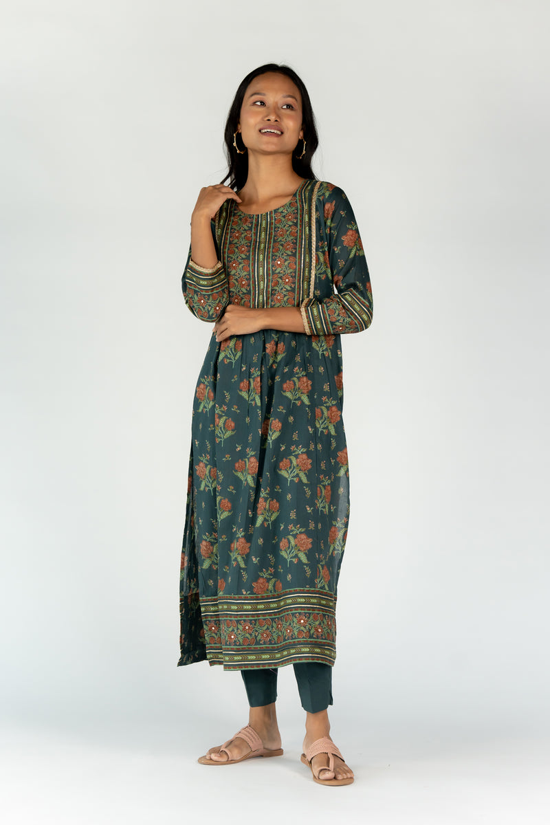 Cotton Embellished Round Neck Kurta With Gota Lace And Mirror Work - Bottle Green