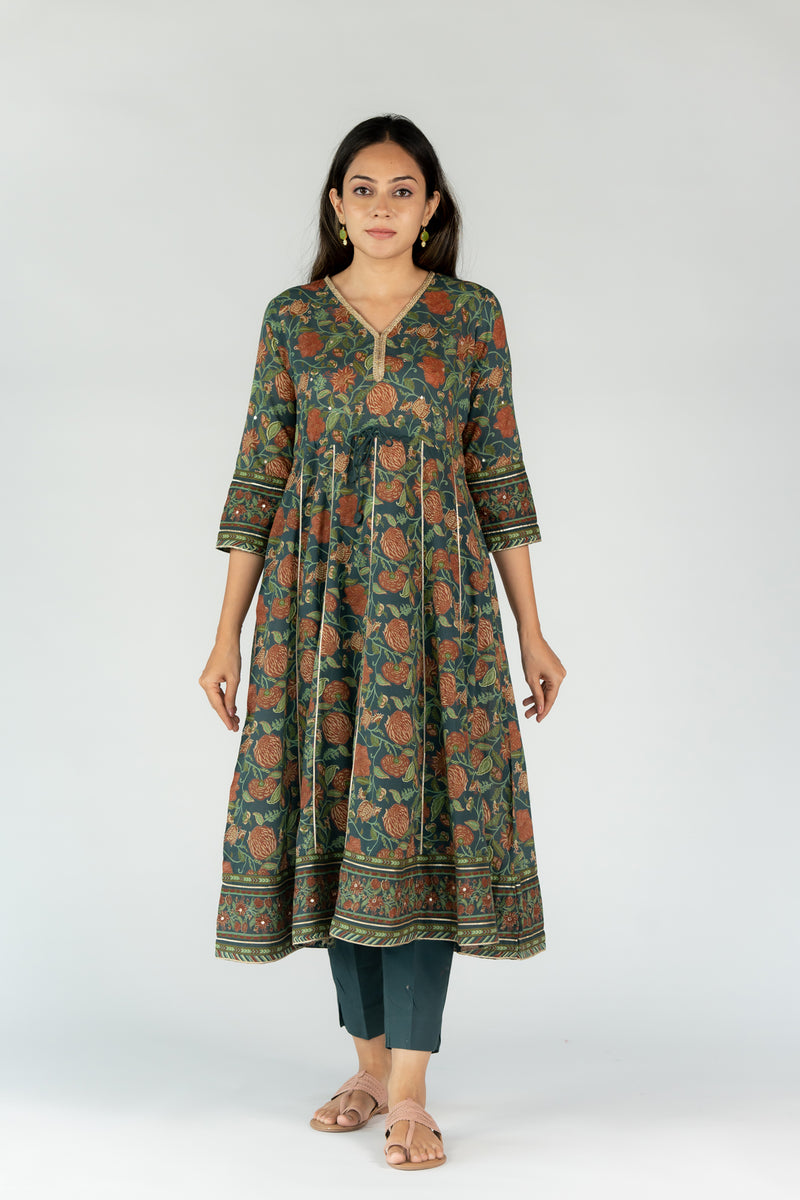Cotton Embellished V Neck Kurta With Gota Lace And Mirror Work - Bottle Green