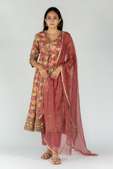 Cotton Embellished V Neck Kurta With Gota Lace And Mirror Work - Muted Red