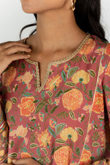 Cotton Embellished A Line Kurta With Gota Lace And Mirror Work - Muted Red