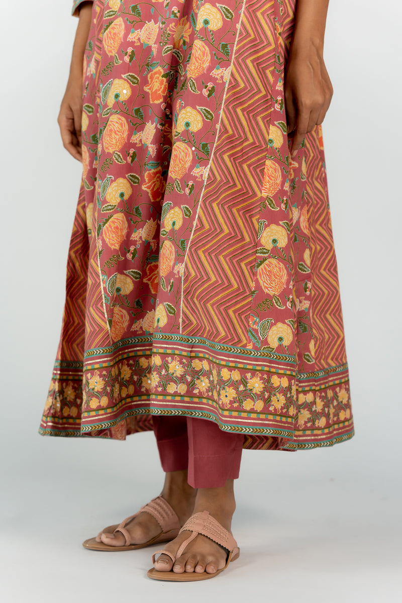 Cotton Embellished A Line Kurta With Gota Lace And Mirror Work - Muted Red