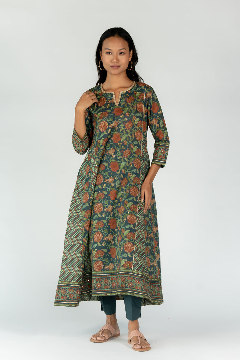 Cotton Embellished A Line Kurta With Gota Lace And Mirror Work - Bottle Green