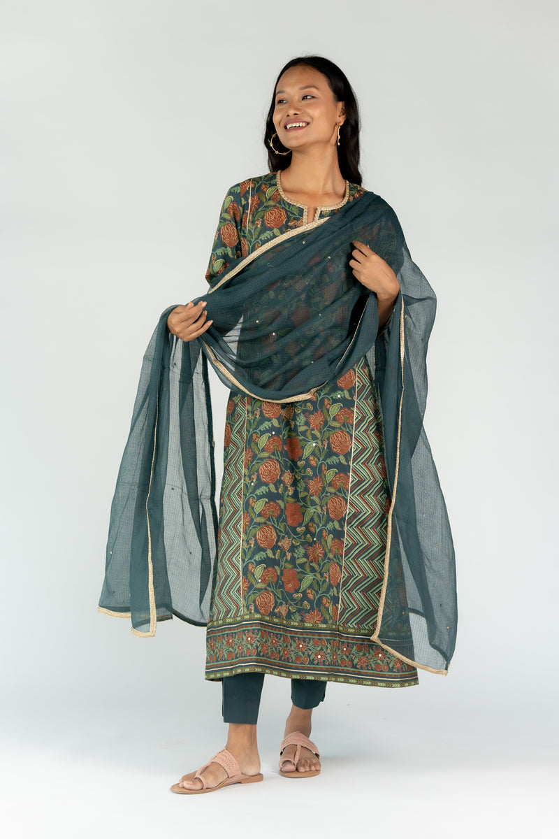 Cotton Embellished A Line Kurta With Gota Lace And Mirror Work - Bottle Green