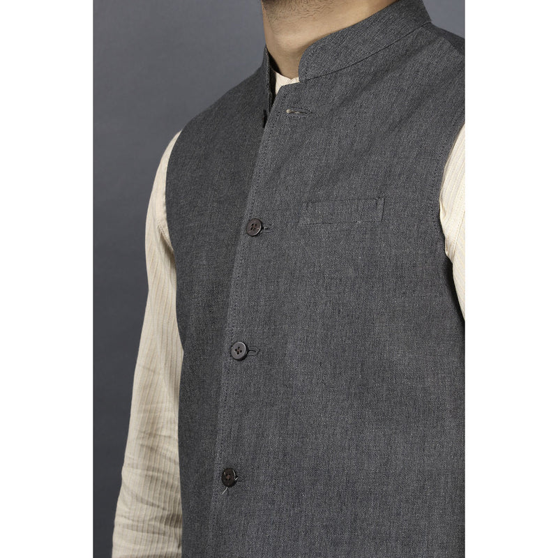 Cotton Sleeveless Nehru Jacket - Grey