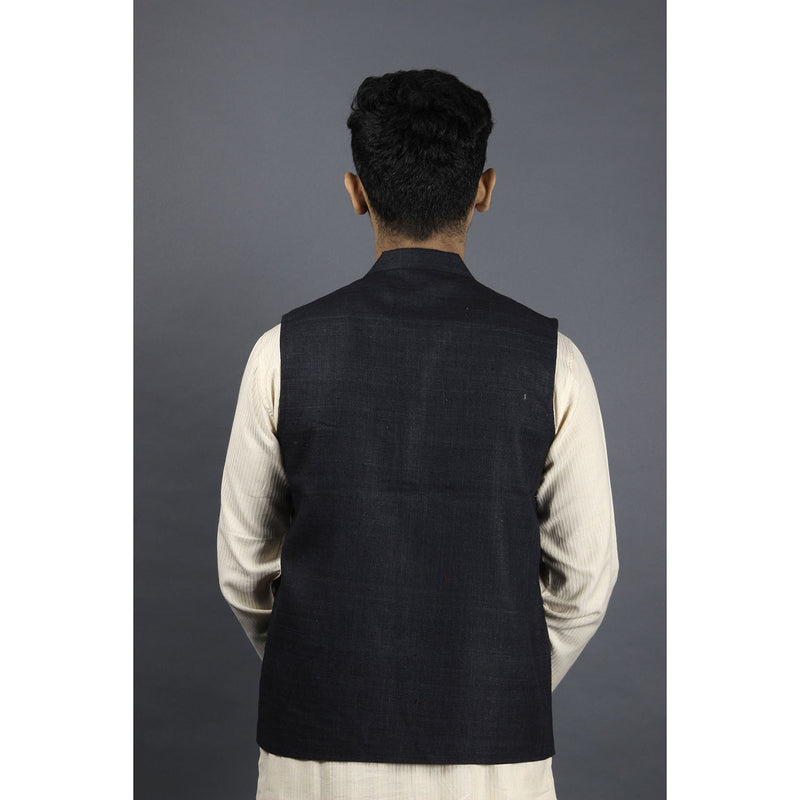 Woollen Sleeveless Nehru Jacket - Indigo