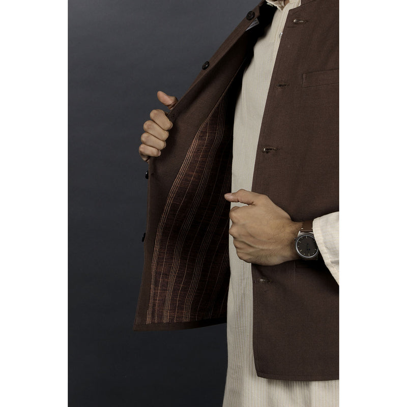 Cotton Sleeveless Nehru Jacket - Brown