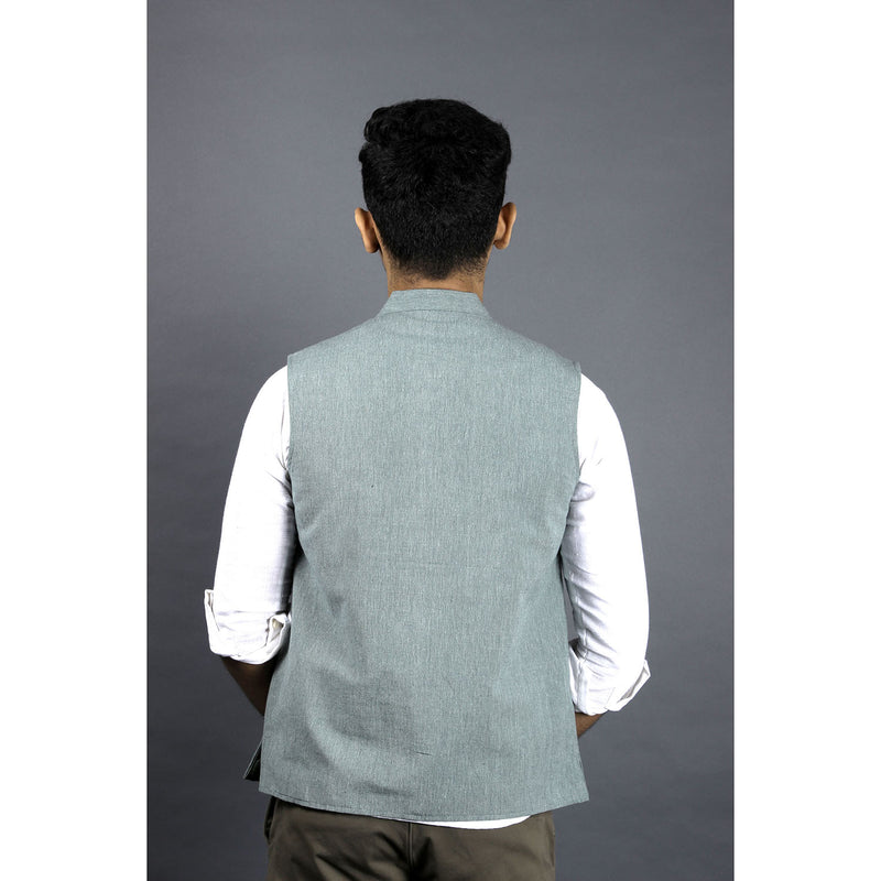 Cotton Sleeveless Nehru Jacket - Turquoise Green