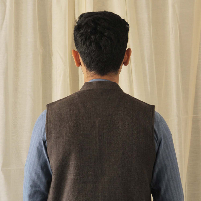 Woollen Tweed Nehru Jacket - Brown
