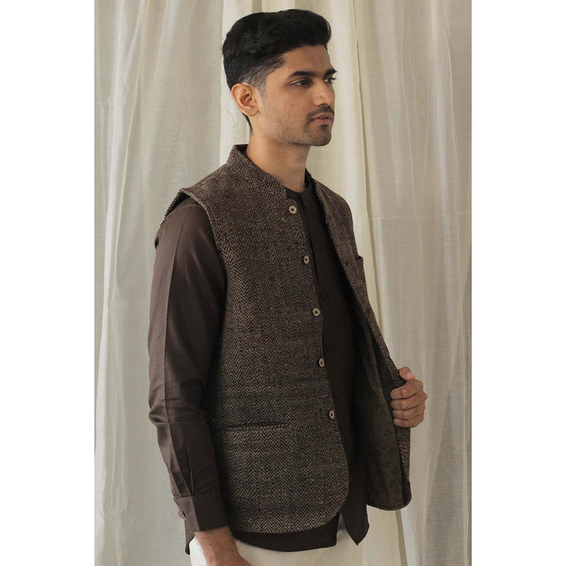 Woollen Tweed Nehru Jacket - Brown