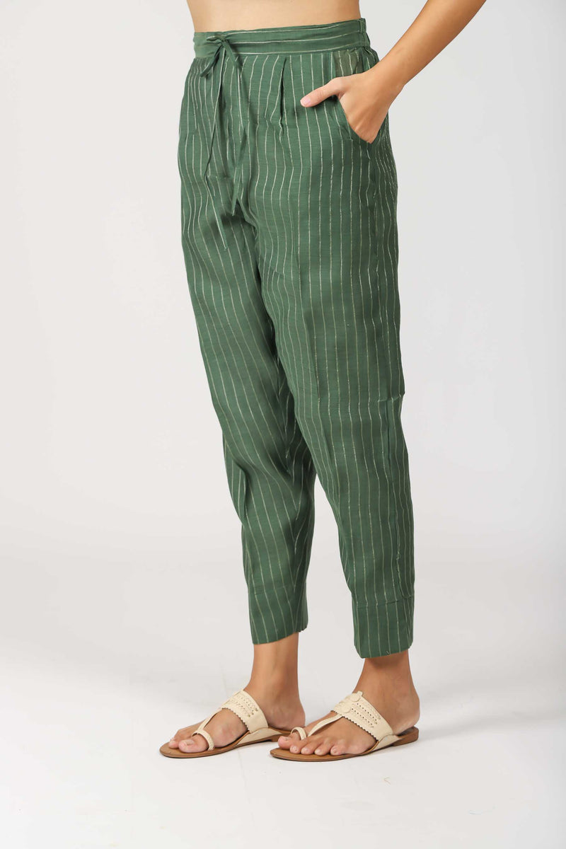 Chanderi Narrow Pant With Drawstring - Green