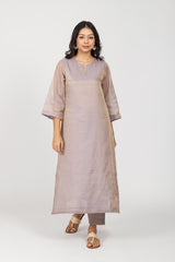 Tissue Chanderi Round Neck Straight Kurta - Lilac