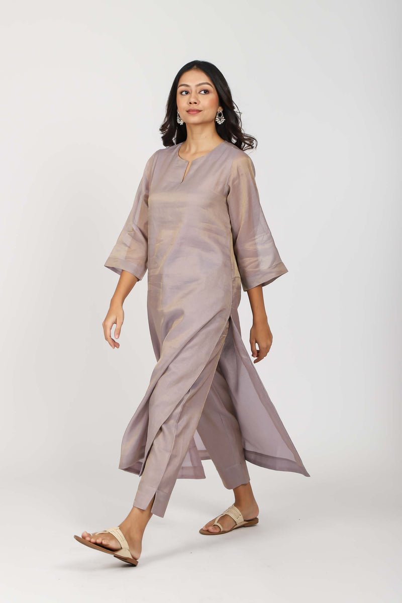 Tissue Chanderi Round Neck Straight Kurta - Lilac