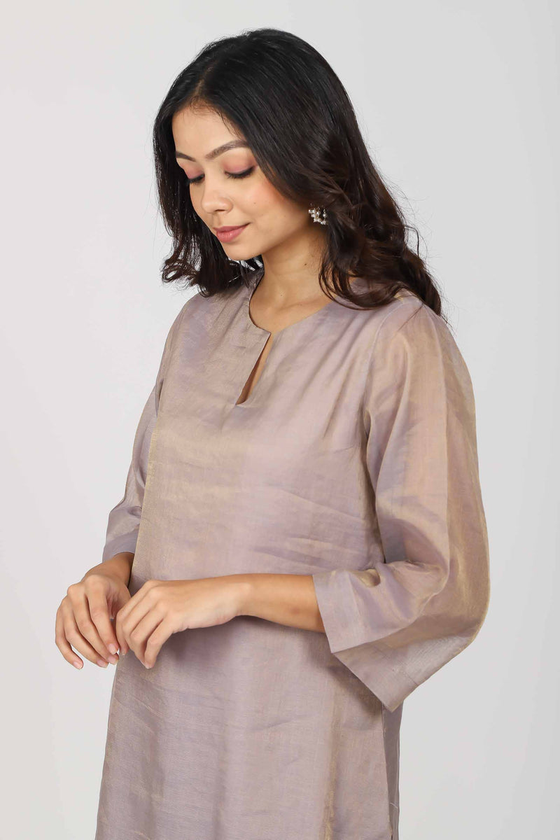 Tissue Chanderi Round Neck Straight Kurta - Lilac