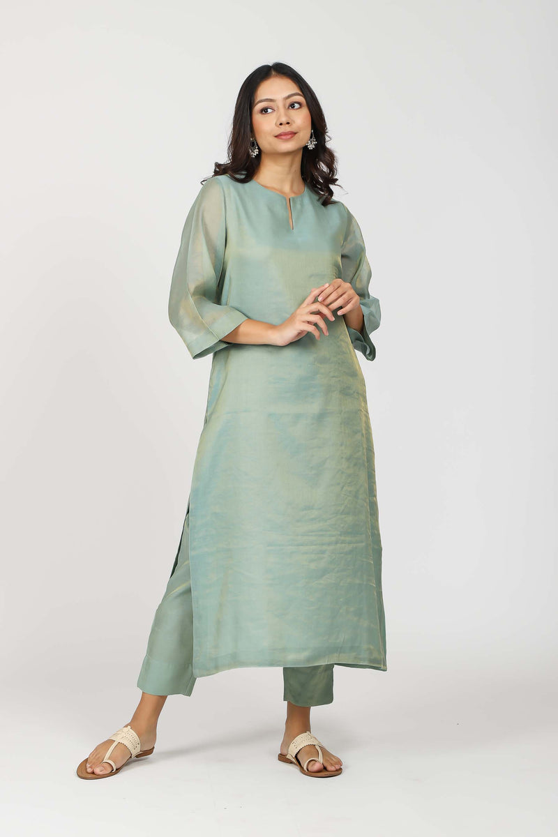 Tissue Chanderi Round Neck Straight Kurta - Teal