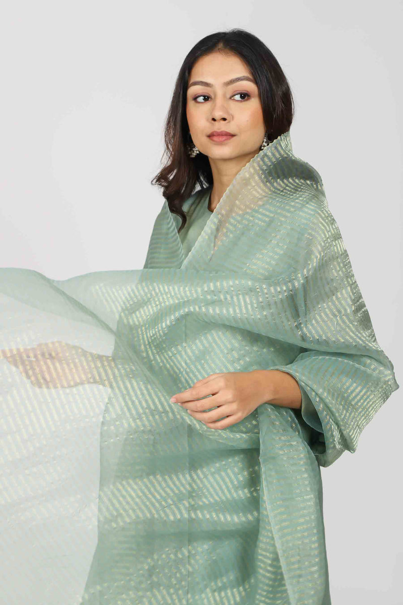 Tissue Chanderi Round Neck Straight Kurta - Teal