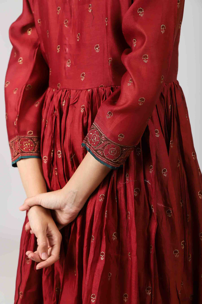 Chanderi Hand Block Printed Gathered Kurta Embellished With Zardozis And Badla Work - Red