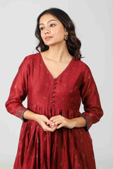 Chanderi Hand Block Printed Gathered Kurta Embellished With Zardozis And Badla Work - Red