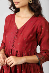 Chanderi Hand Block Printed Gathered Kurta Embellished With Zardozis And Badla Work - Red