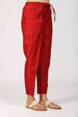Chanderi Hand Block Printed Narrow Pant With Draw String Waist Band - Red