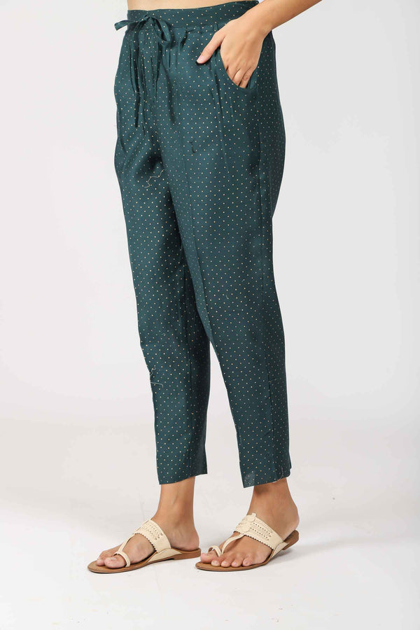 Chanderi Hand Block Printed Narrow Pant With Draw String Waist Band - Jade Green
