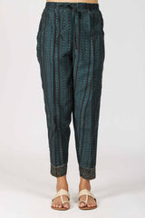 Chanderi Hand Block Printed Narrow Pant With Draw String Waist Band - Jade Green