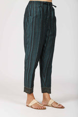 Chanderi Hand Block Printed Narrow Pant With Draw String Waist Band - Jade Green