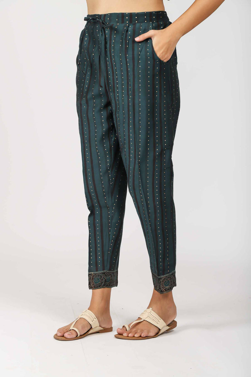 Chanderi Hand Block Printed Narrow Pant With Draw String Waist Band - Jade Green