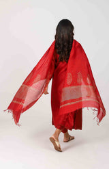 Chanderi Hand Block Printed Dupatta With Sequins Hand Work - Red