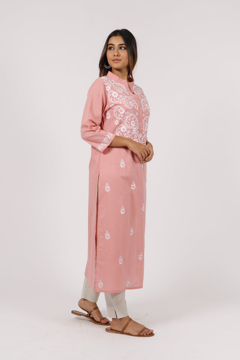 Cotton Chikankari Straight Kurta With Mandarin Collar - Peach Pink