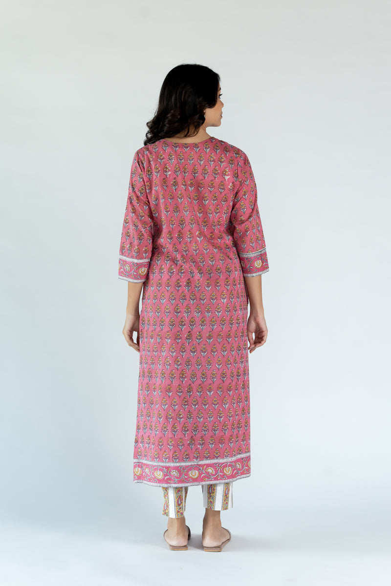 Cotton Hand Block Printed Regular Fit Kurta - Pink