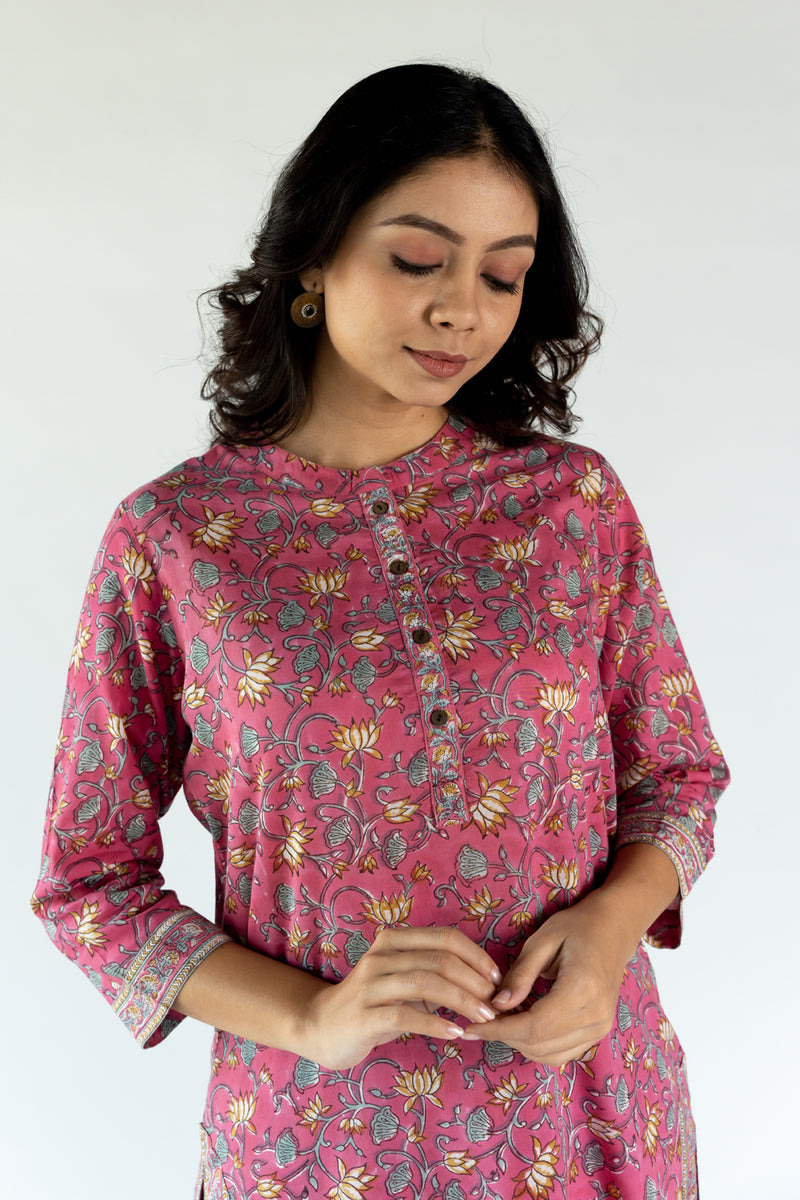 Cotton Regular Fit Hand Block Printed Kurta With Mandarin Collar - Pink