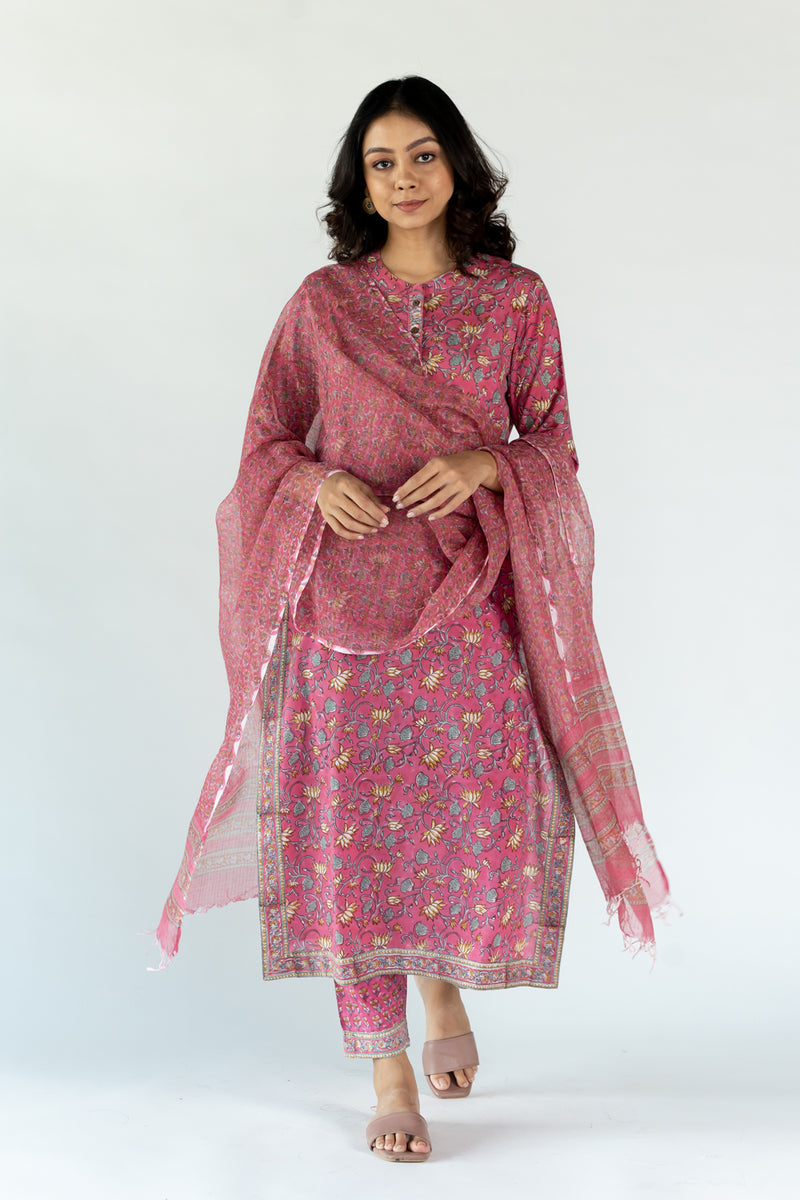 Cotton Regular Fit Hand Block Printed Kurta With Mandarin Collar - Pink