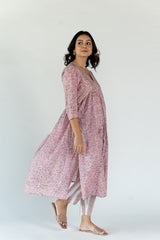 Cotton Floral Printed Gathered Kurta With V Neck - Onion Pink