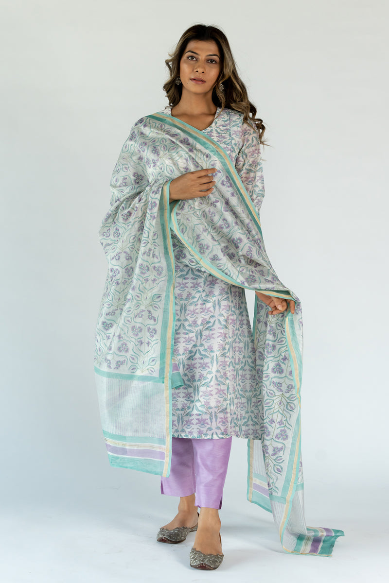 Chanderi Hand Block Printed Dupatta - White