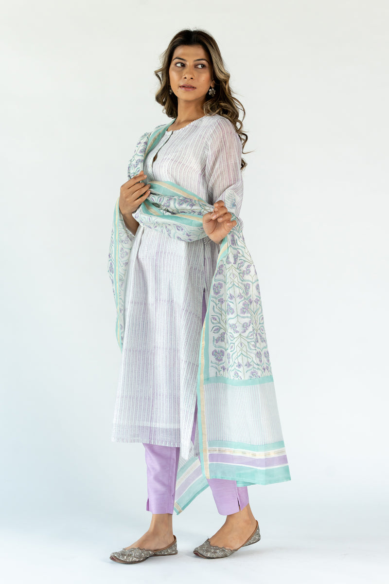 Chanderi Hand Block Printed Dupatta - White