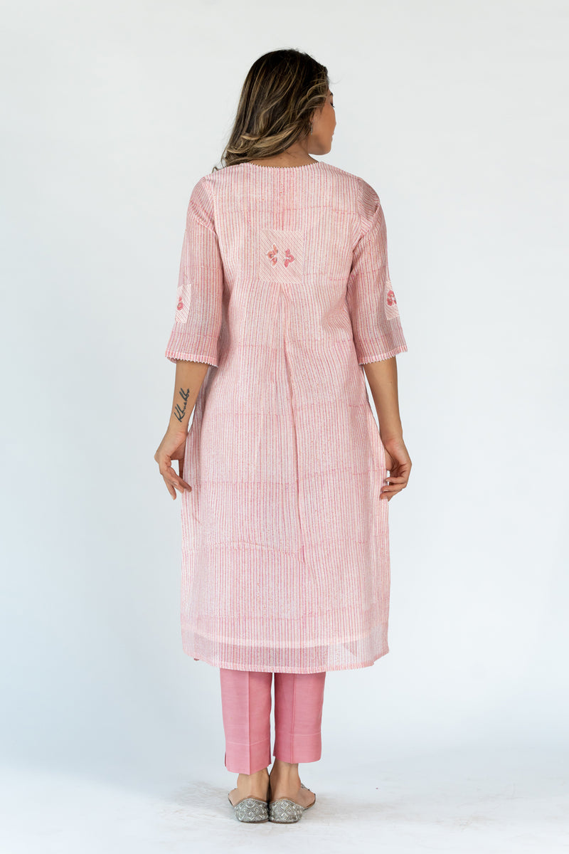 Chanderi Round Neck Straight Kurta - Pink