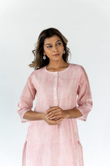 Chanderi Round Neck Straight Kurta - Pink