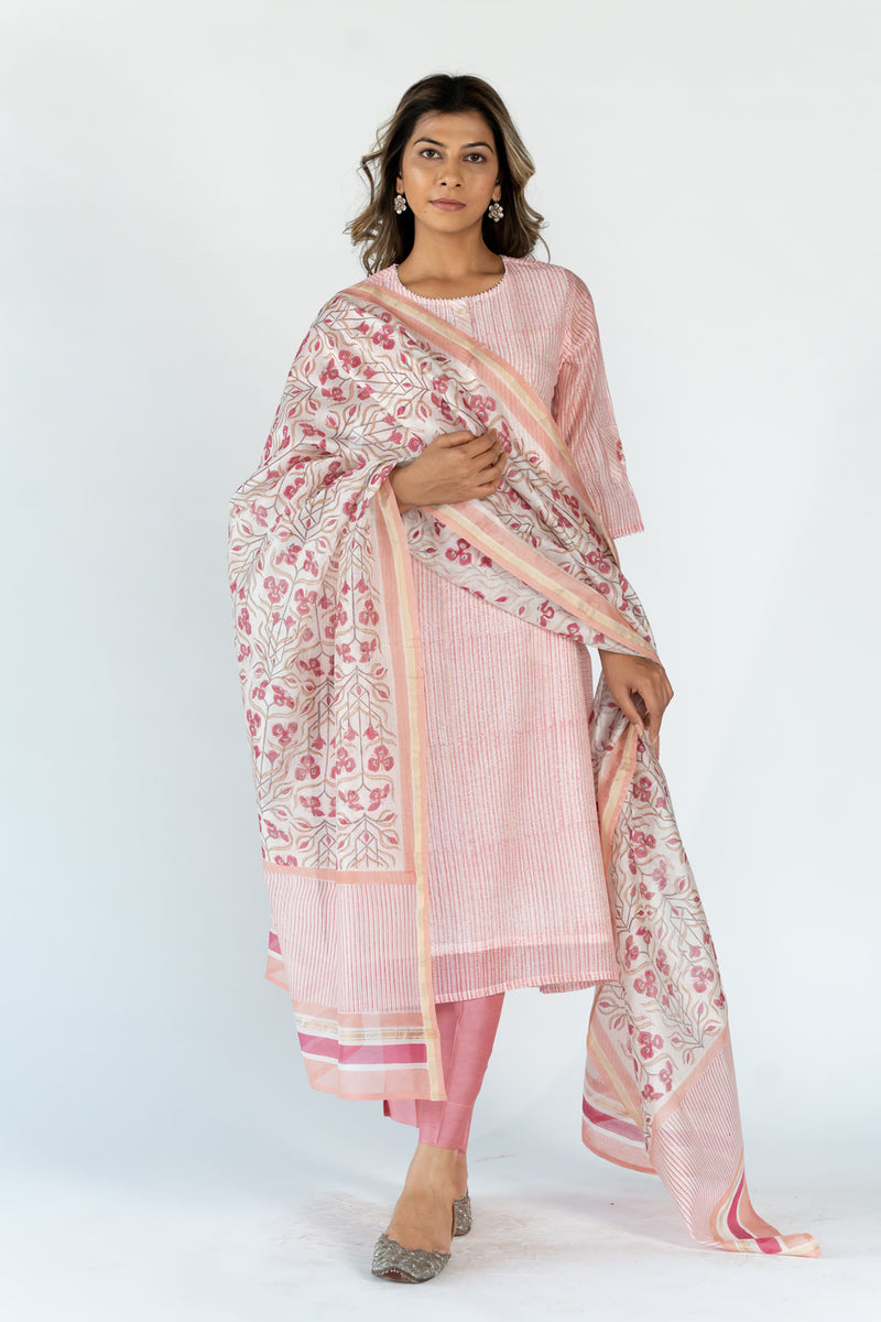 Chanderi Round Neck Straight Kurta - Pink