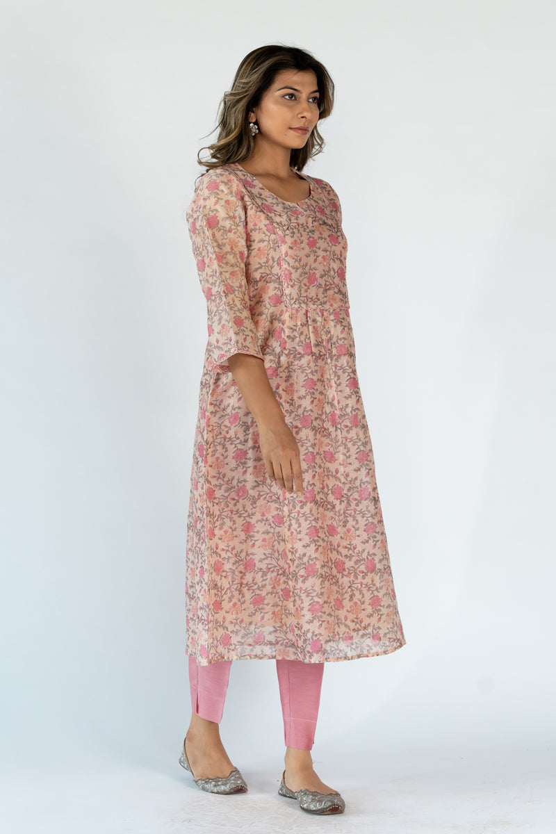 Chanderi Round Neck Straight Kurta - Pink