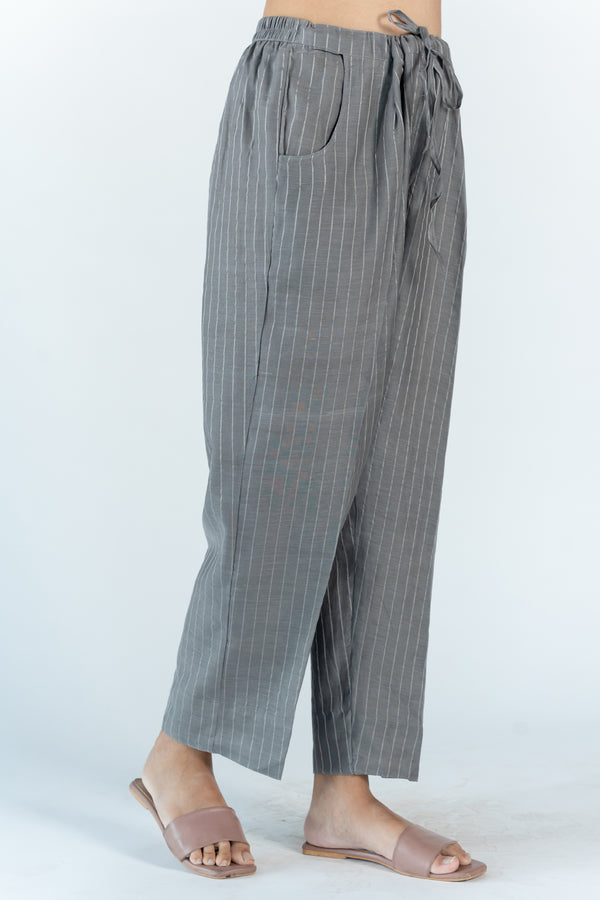 Chanderi Narrow Pant With Drawstring - Grey