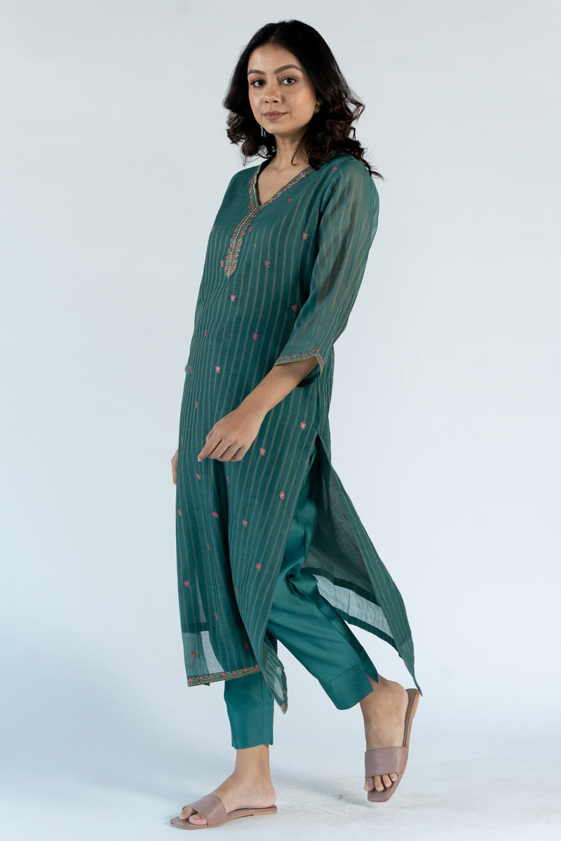 Chanderi Narrow Pant With Drawstring - Turqoise