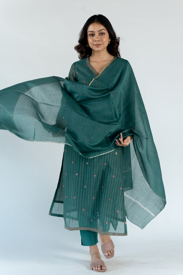 Chanderi Round Neck Straight Kurta With Machine Embroidery  - Turqoise