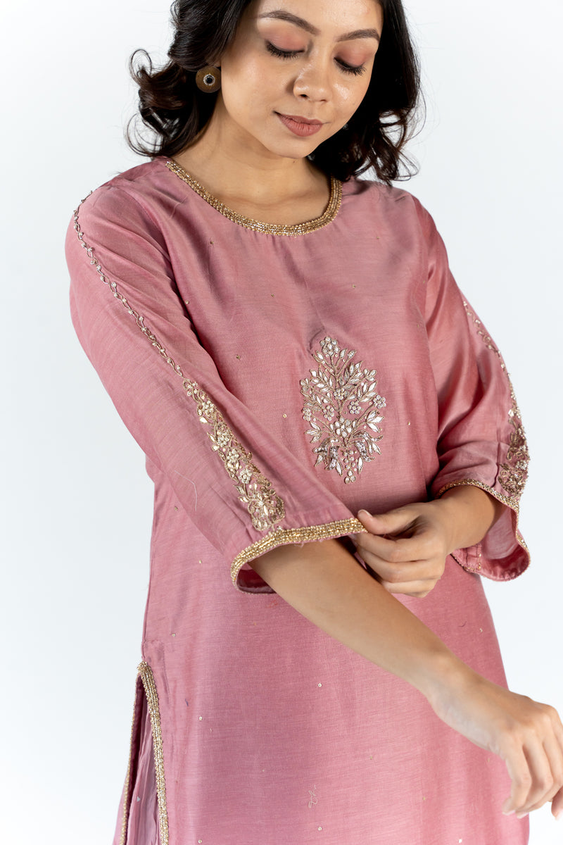 Chanderi Straight Kurta with Gota Work Embellished With Gota Trims - Onion Pink