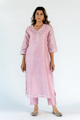 Chanderi Round Neck Straight Kurta With Machine Embroidery  - Onion Pink
