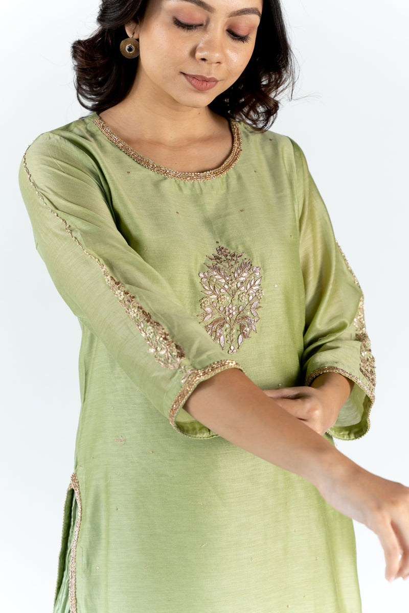 Chanderi Straight Kurta with Gota Work Embellished With Gota Trims - Pista Green